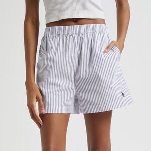 Sporty & Rich SRC Embroidered Stripe Poplin Shorts in Navy & White NWOT